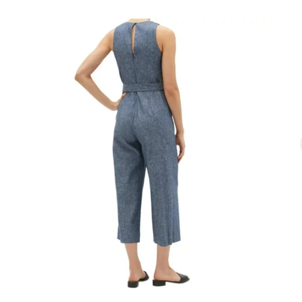 Banana Republic Chambray Blue Linen Blend Tie Waist Jumpsuit